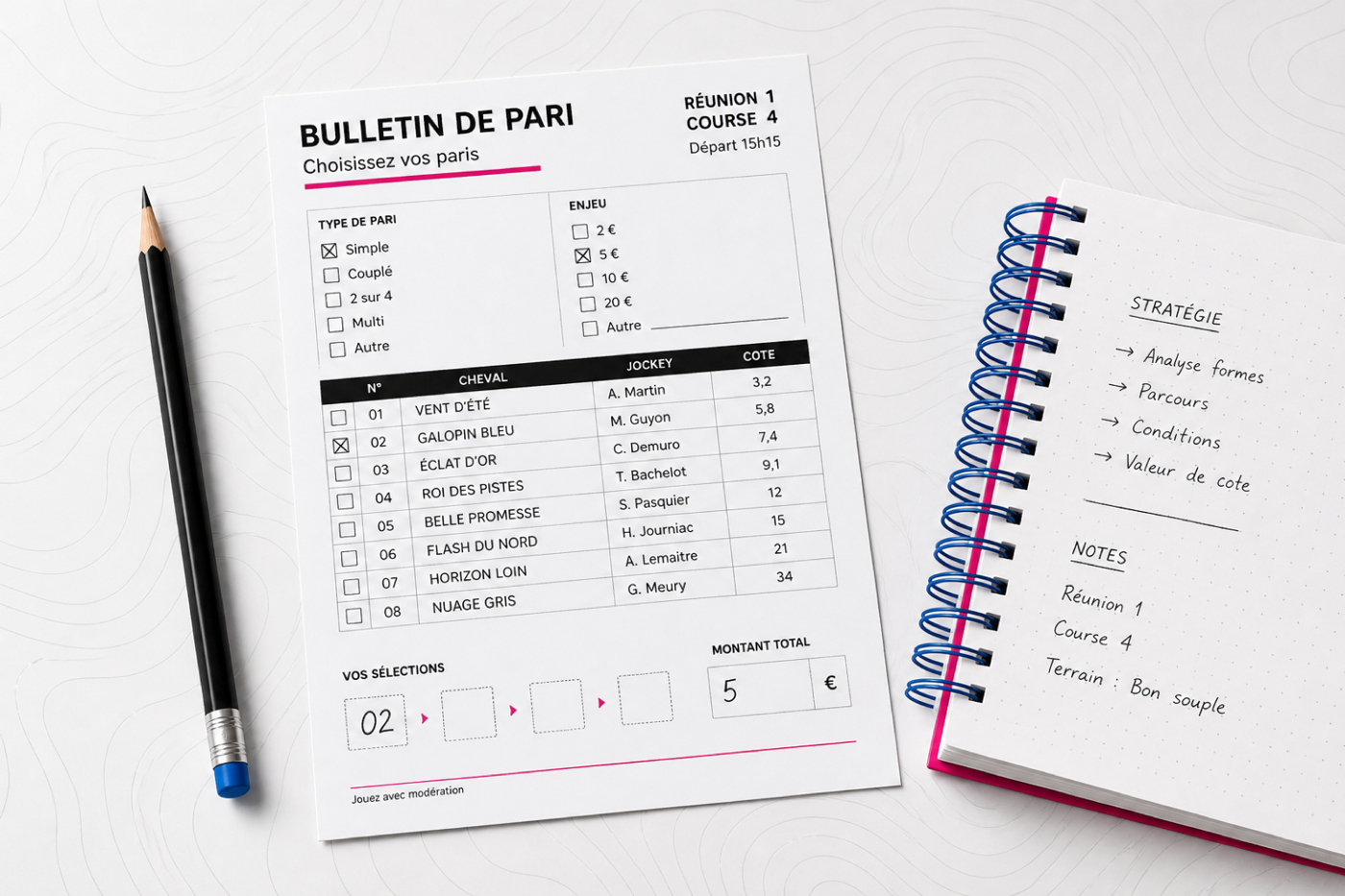 Carnet, ticket de pari et crayon sur un bureau clair